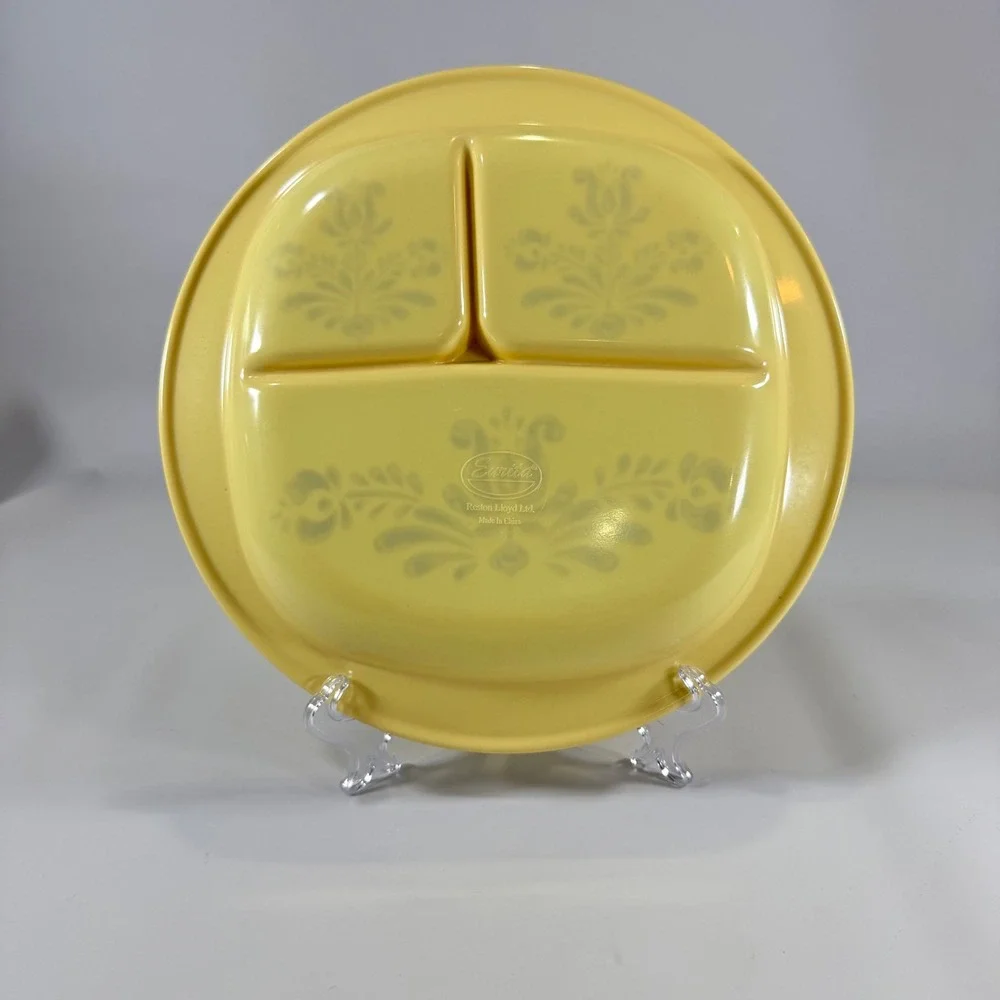 VTG Pfaltzgraff Village Melamine Divided Plate Yellow Brown Floral Retro Kitchen